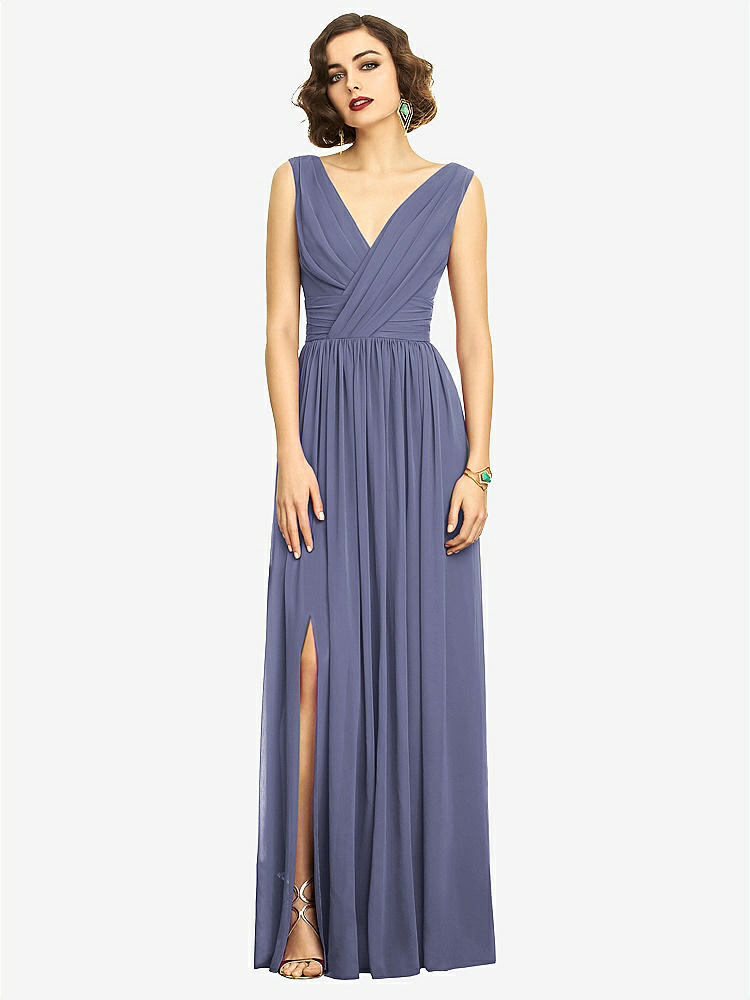 【STYLE: 2894】Sleeveless Draped Chiffon Maxi Dress with Front Slit【COLOR: French Blue】