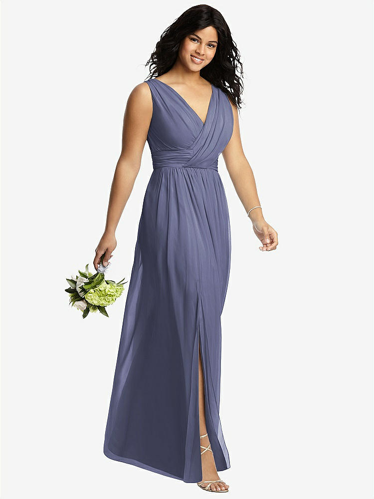 【STYLE: 2894】Sleeveless Draped Chiffon Maxi Dress with Front Slit【COLOR: French Blue】
