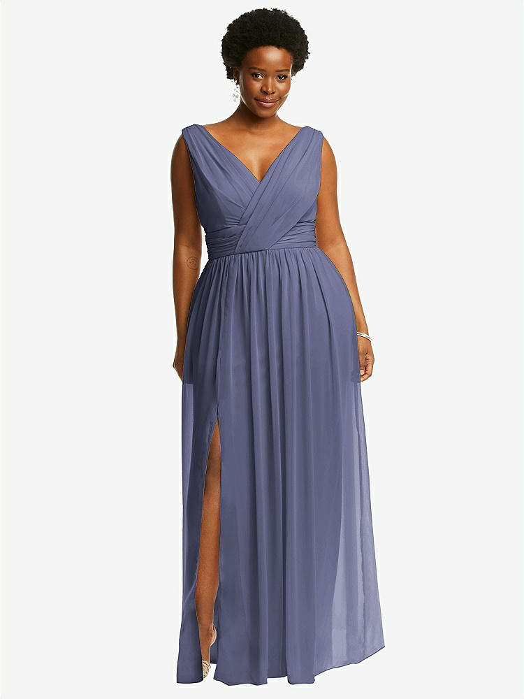 【STYLE: 2894】Sleeveless Draped Chiffon Maxi Dress with Front Slit【COLOR: French Blue】
