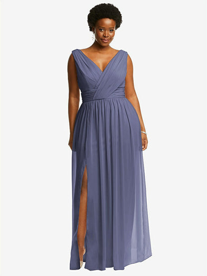 【STYLE: 2894】Sleeveless Draped Chiffon Maxi Dress with Front Slit【COLOR: French Blue】