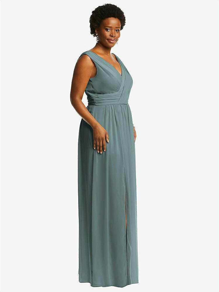 【STYLE: 2894】Sleeveless Draped Chiffon Maxi Dress with Front Slit【COLOR: Icelandic】
