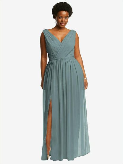 【STYLE: 2894】Sleeveless Draped Chiffon Maxi Dress with Front Slit【COLOR: Icelandic】