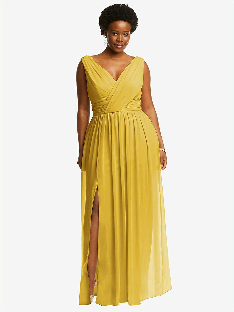 【STYLE: 2894】Sleeveless Draped Chiffon Maxi Dress with Front Slit【COLOR: Marigold】