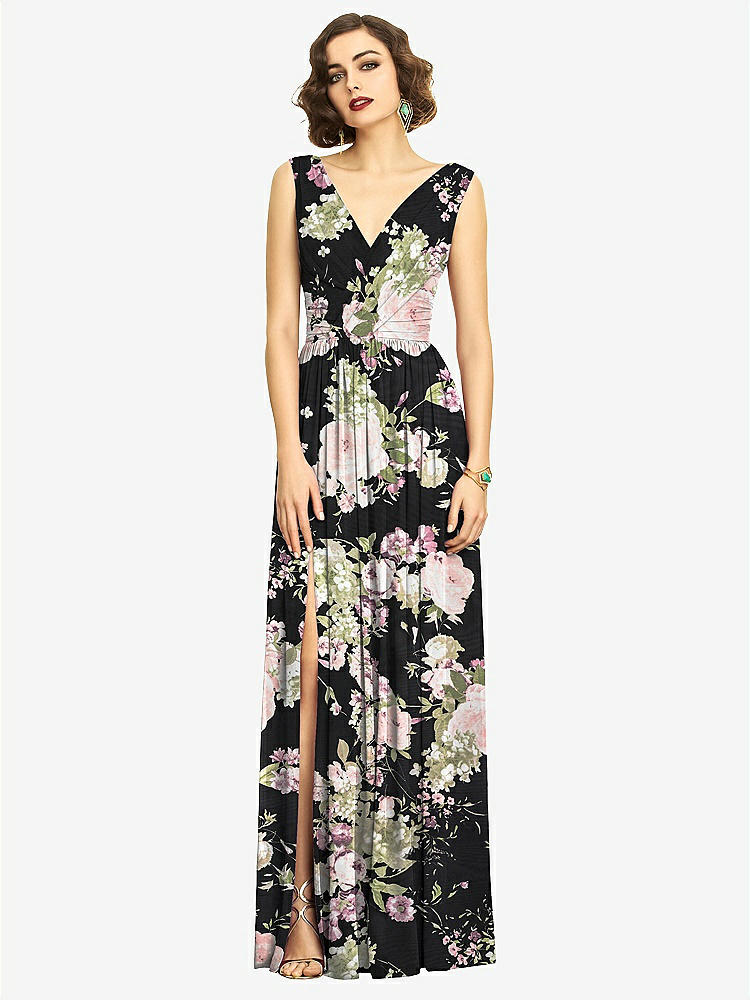 【STYLE: 2894】Sleeveless Draped Chiffon Maxi Dress with Front Slit【COLOR: Noir Garden】