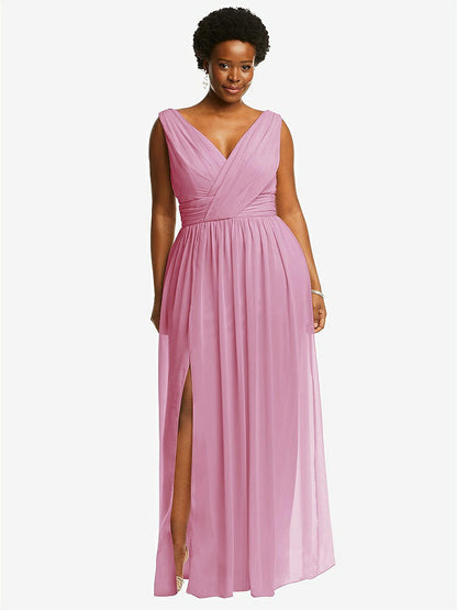 【STYLE: 2894】Sleeveless Draped Chiffon Maxi Dress with Front Slit【COLOR: Powder Pink】