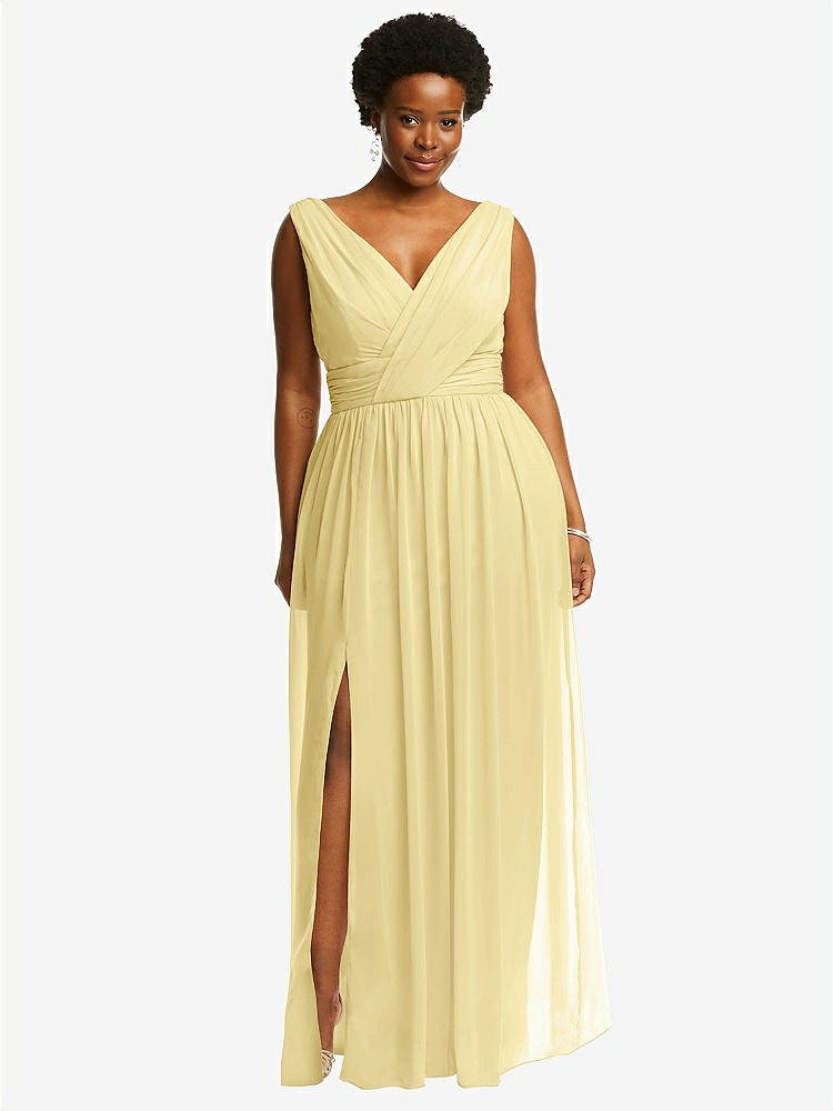 【STYLE: 2894】Sleeveless Draped Chiffon Maxi Dress with Front Slit【COLOR: Pale Yellow】