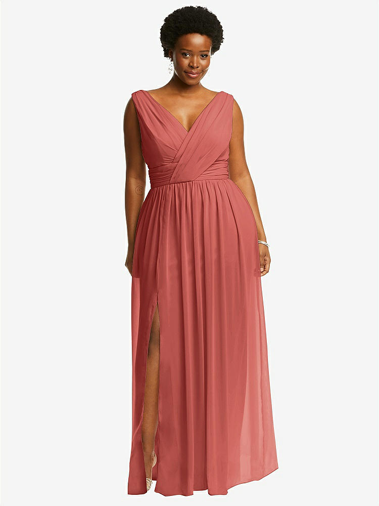 【STYLE: 2894】Sleeveless Draped Chiffon Maxi Dress with Front Slit【COLOR: Coral Pink】