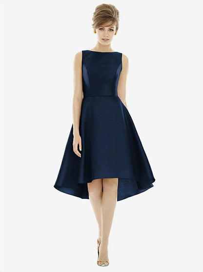 【STYLE: D697】Bateau Neck Satin High Low Cocktail Dress【COLOR: Midnight Navy】