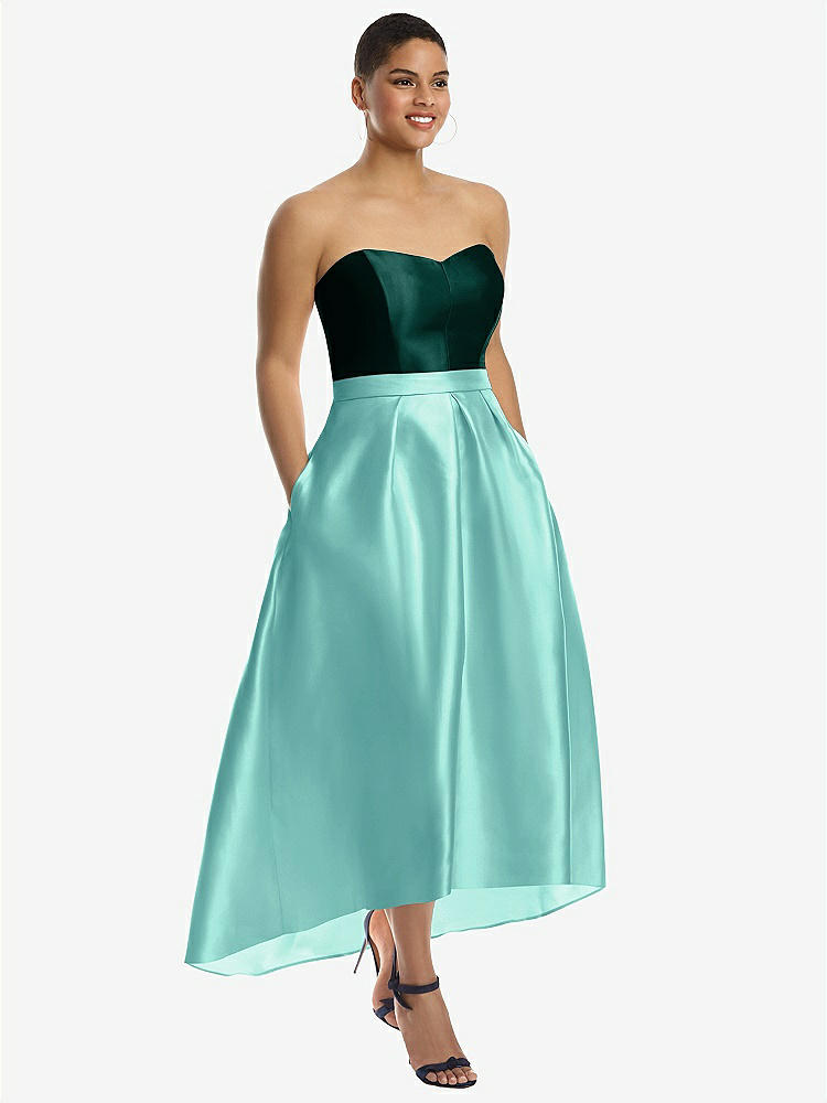 【STYLE: D699】Strapless Satin High Low Dress with Pockets【COLOR: Coastal &amp; Evergreen】