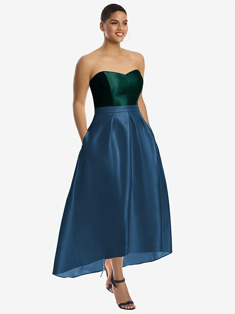 【STYLE: D699】Strapless Satin High Low Dress with Pockets【COLOR: Dusk Blue &amp; Evergreen】