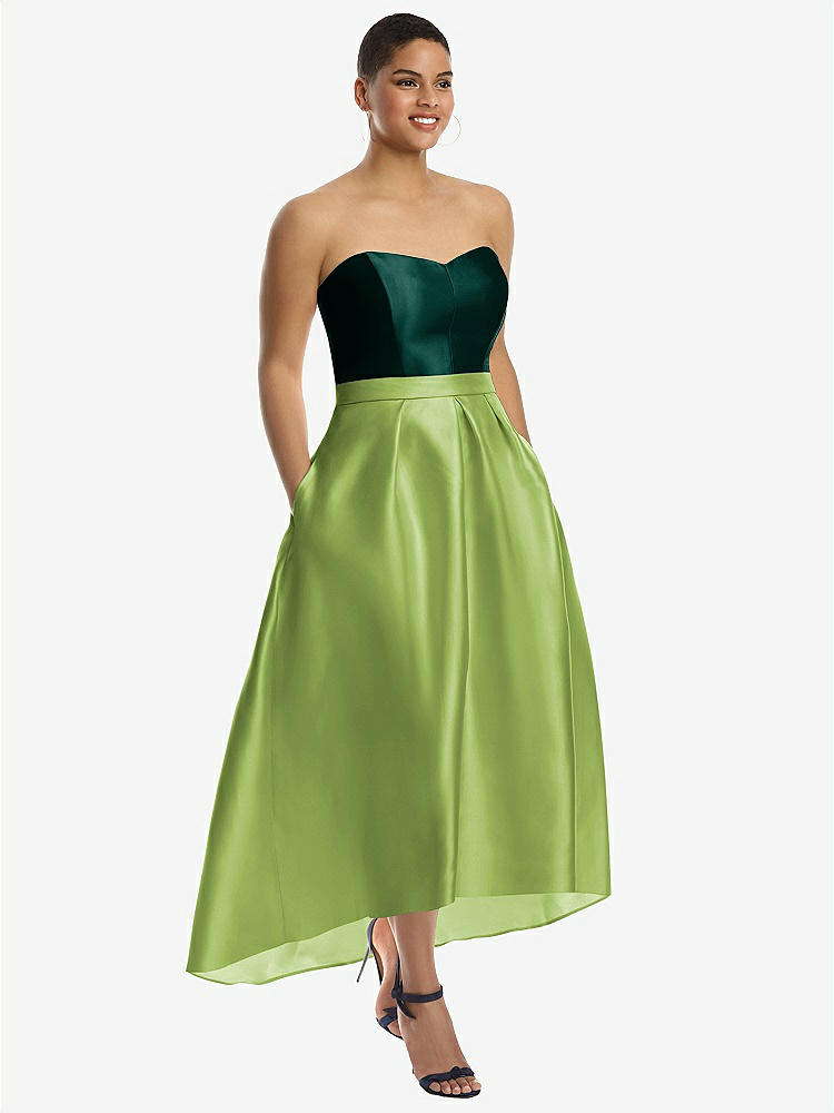 【STYLE: D699】Strapless Satin High Low Dress with Pockets【COLOR: Mojito &amp; Evergreen】
