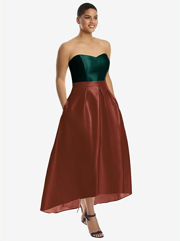 【STYLE: D699】Strapless Satin High Low Dress with Pockets【COLOR: Auburn Moon &amp; Evergreen】