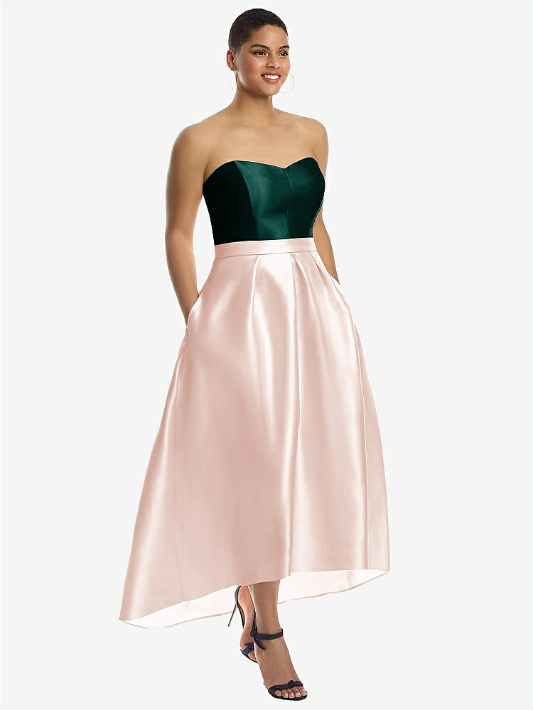 【STYLE: D699】Strapless Satin High Low Dress with Pockets【COLOR: Blush &amp; Evergreen】