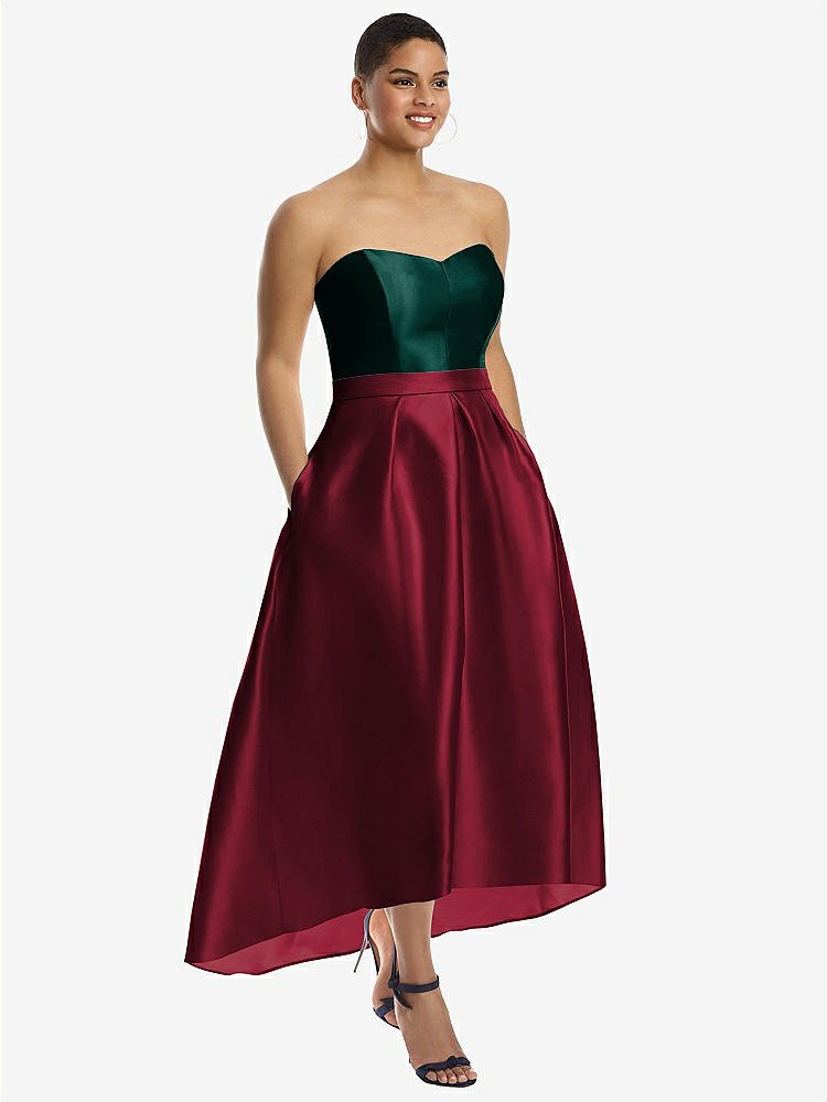 【NEW】【STYLE: D699】ストラップレス サテン 高 低 ドレス ポケット付き【COLOR: Burgundy &amp; Evergreen】【SIZE: 00-30W】