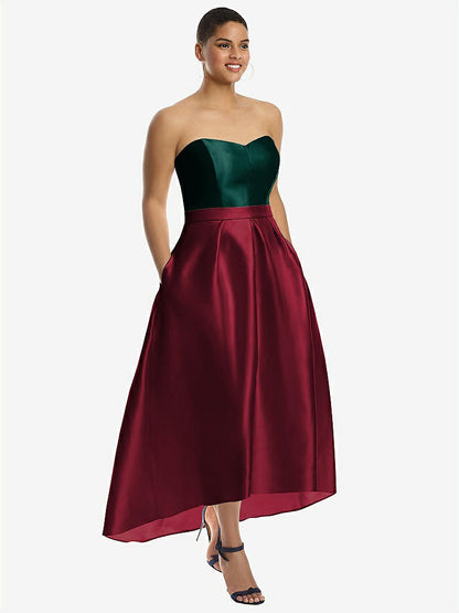 【NEW】【STYLE: D699】ストラップレス サテン 高 低 ドレス ポケット付き【COLOR: Burgundy &amp; Evergreen】【SIZE: 00-30W】