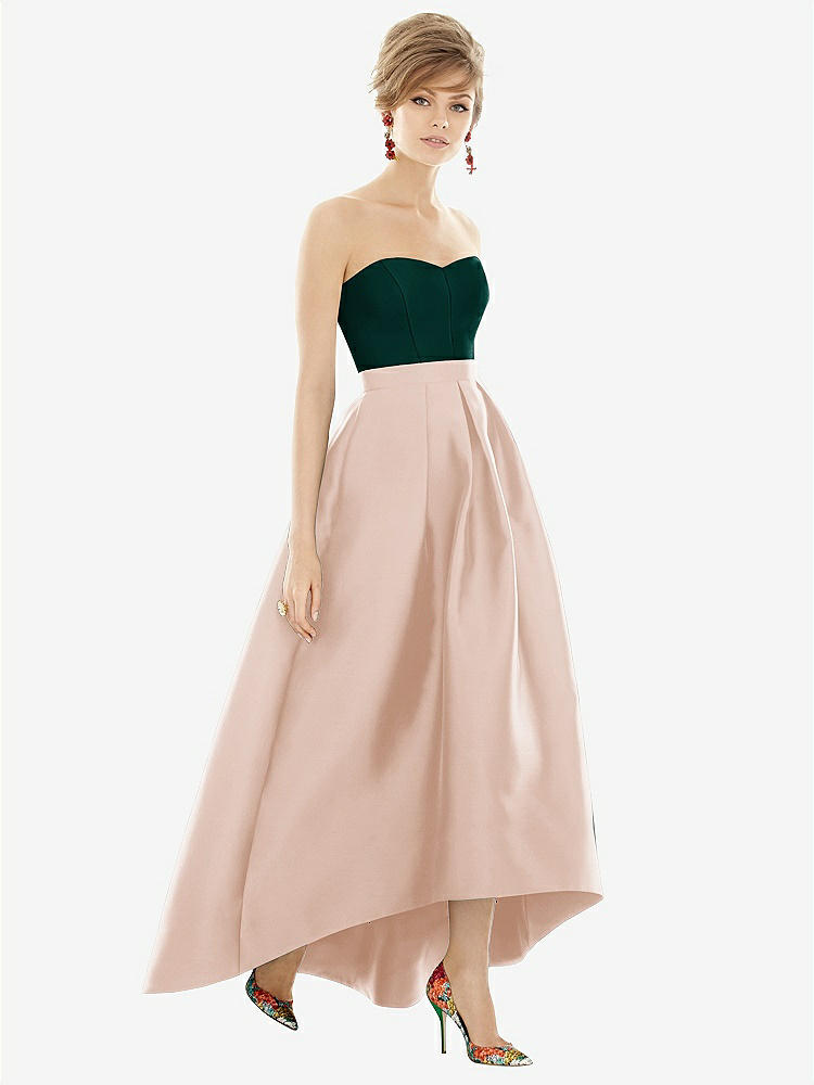 【STYLE: D699】Strapless Satin High Low Dress with Pockets【COLOR: Cameo &amp; Evergreen】