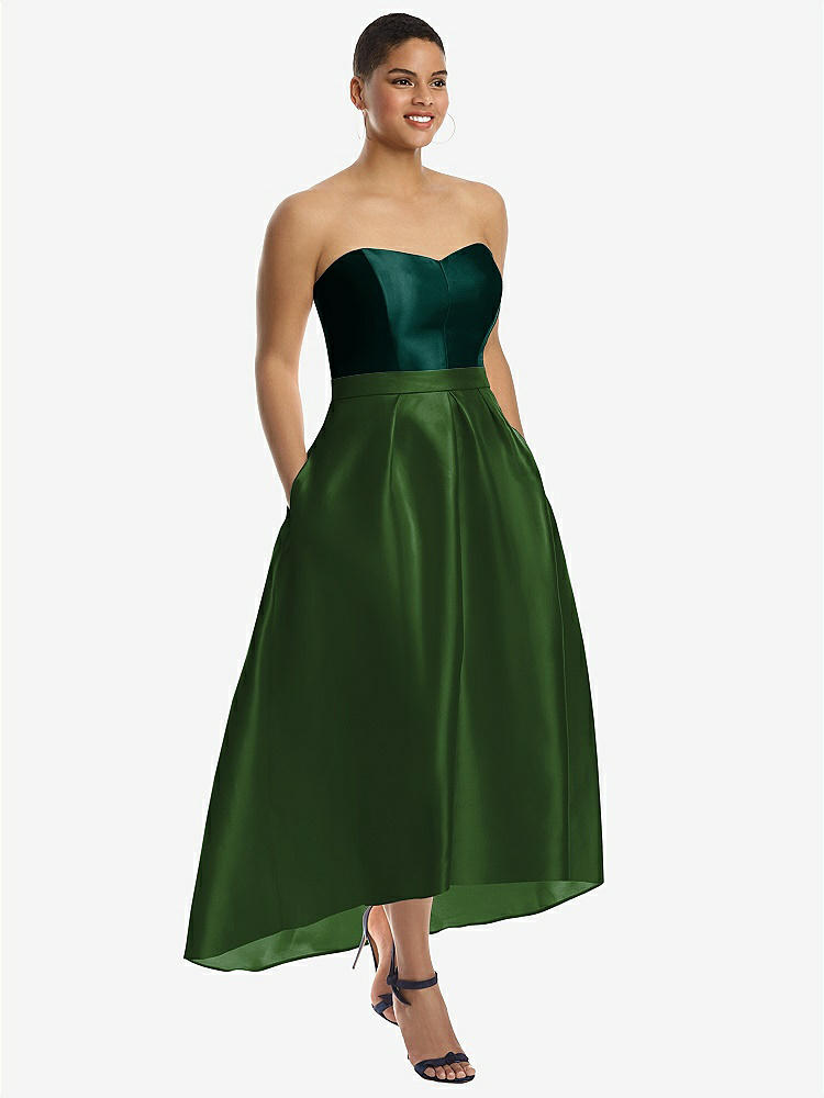 【NEW】【STYLE: D699】ストラップレス サテン 高 低 ドレス ポケット付き【COLOR: Celtic &amp; Evergreen】【SIZE: 00-30W】
