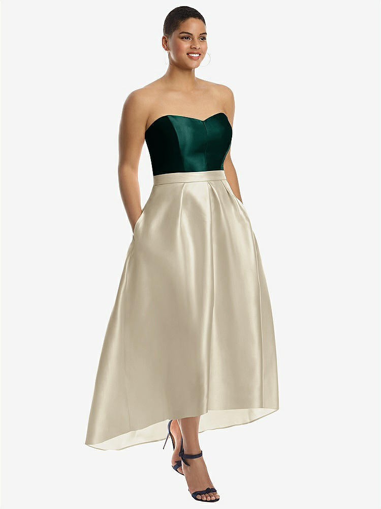 【STYLE: D699】Strapless Satin High Low Dress with Pockets【COLOR: Champagne &amp; Evergreen】