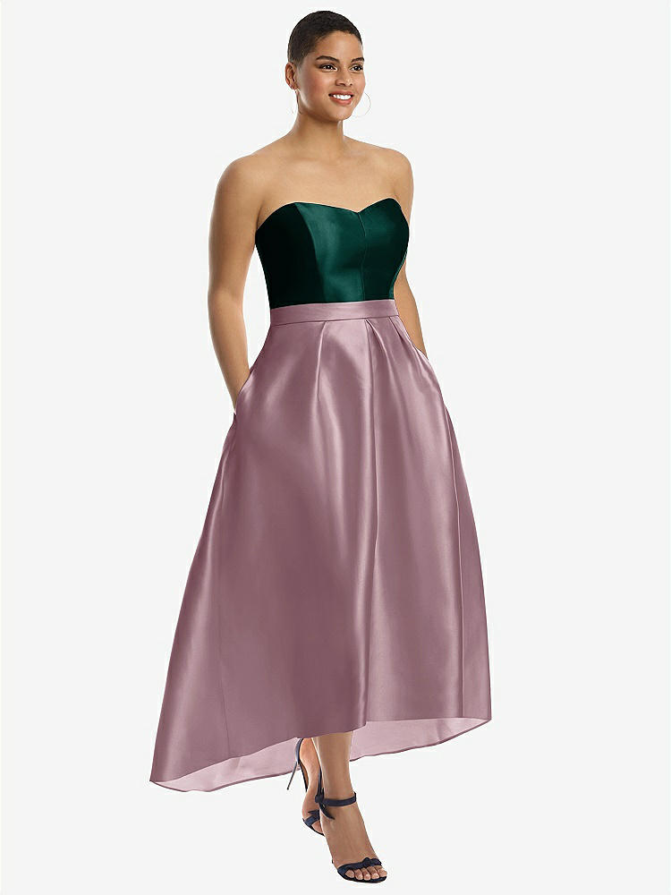 【STYLE: D699】Strapless Satin High Low Dress with Pockets【COLOR: Dusty Rose &amp; Evergreen】
