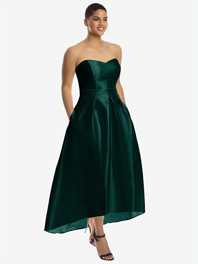 【STYLE: D699】Strapless Satin High Low Dress with Pockets【COLOR: Evergreen &amp; Evergreen】