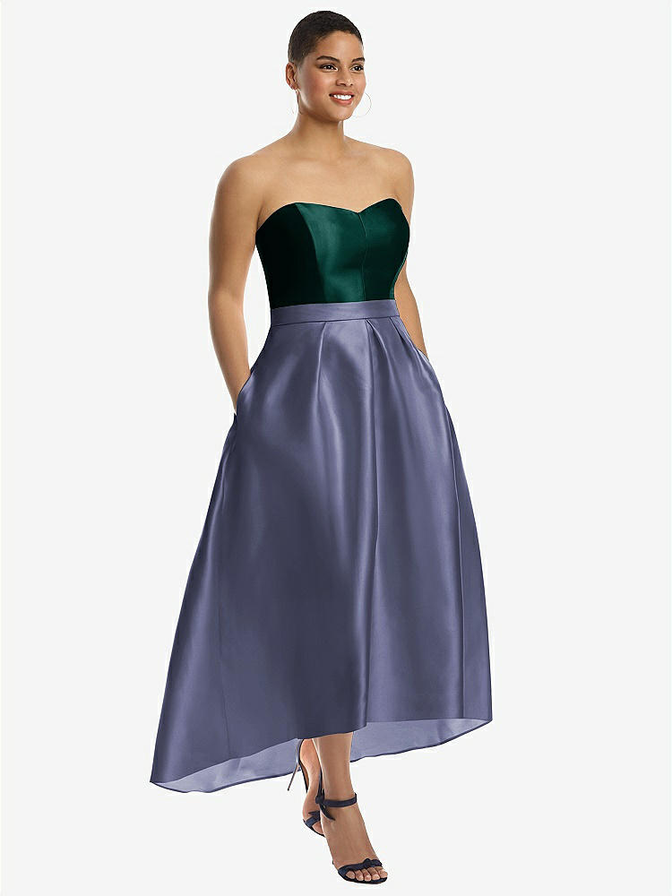 【STYLE: D699】Strapless Satin High Low Dress with Pockets【COLOR: French Blue &amp; Evergreen】