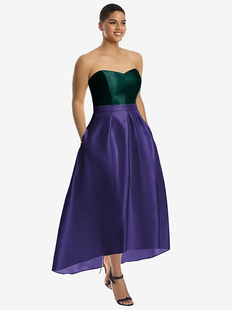 【STYLE: D699】Strapless Satin High Low Dress with Pockets【COLOR: Grape &amp; Evergreen】