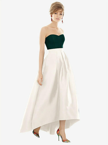 【STYLE: D699】Strapless Satin High Low Dress with Pockets【COLOR: Ivory &amp; Evergreen】
