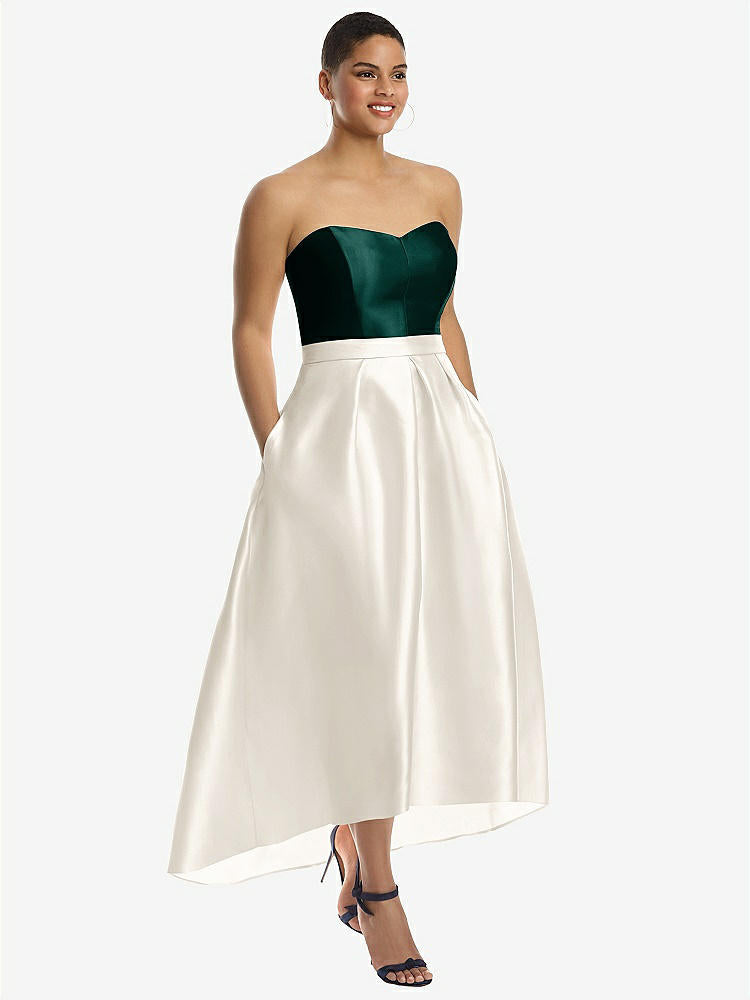 【STYLE: D699】Strapless Satin High Low Dress with Pockets【COLOR: Ivory &amp; Evergreen】