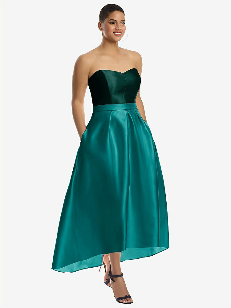 【STYLE: D699】Strapless Satin High Low Dress with Pockets【COLOR: Jade &amp; Evergreen】