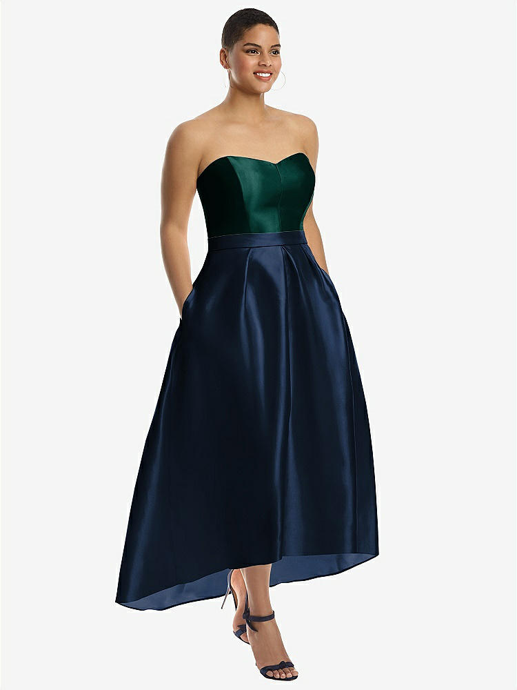 【STYLE: D699】Strapless Satin High Low Dress with Pockets【COLOR: Midnight Navy &amp; Evergreen】