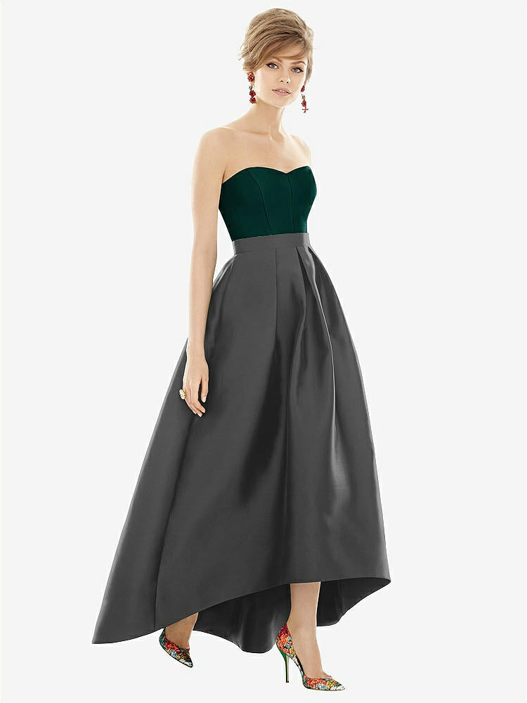 【STYLE: D699】Strapless Satin High Low Dress with Pockets【COLOR: Pewter &amp; Evergreen】