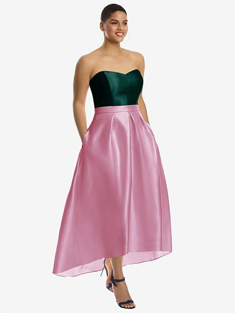 【STYLE: D699】Strapless Satin High Low Dress with Pockets【COLOR: Powder Pink &amp; Evergreen】