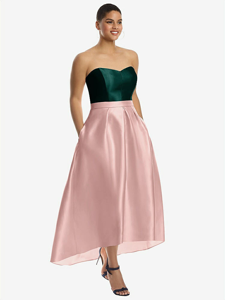 【NEW】【STYLE: D699】ストラップレス サテン 高 低 ドレス ポケット付き【COLOR: Rose - PANTONE Rose Quartz &amp; Evergreen】【SIZE: 00-30W】