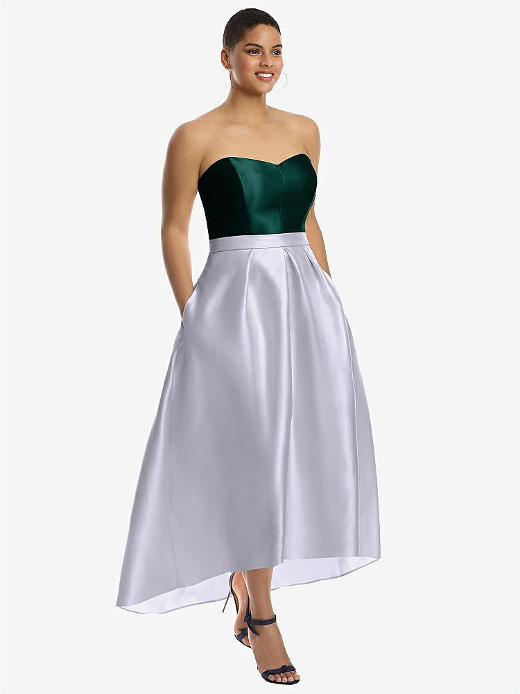 【STYLE: D699】Strapless Satin High Low Dress with Pockets【COLOR: Silver Dove &amp; Evergreen】