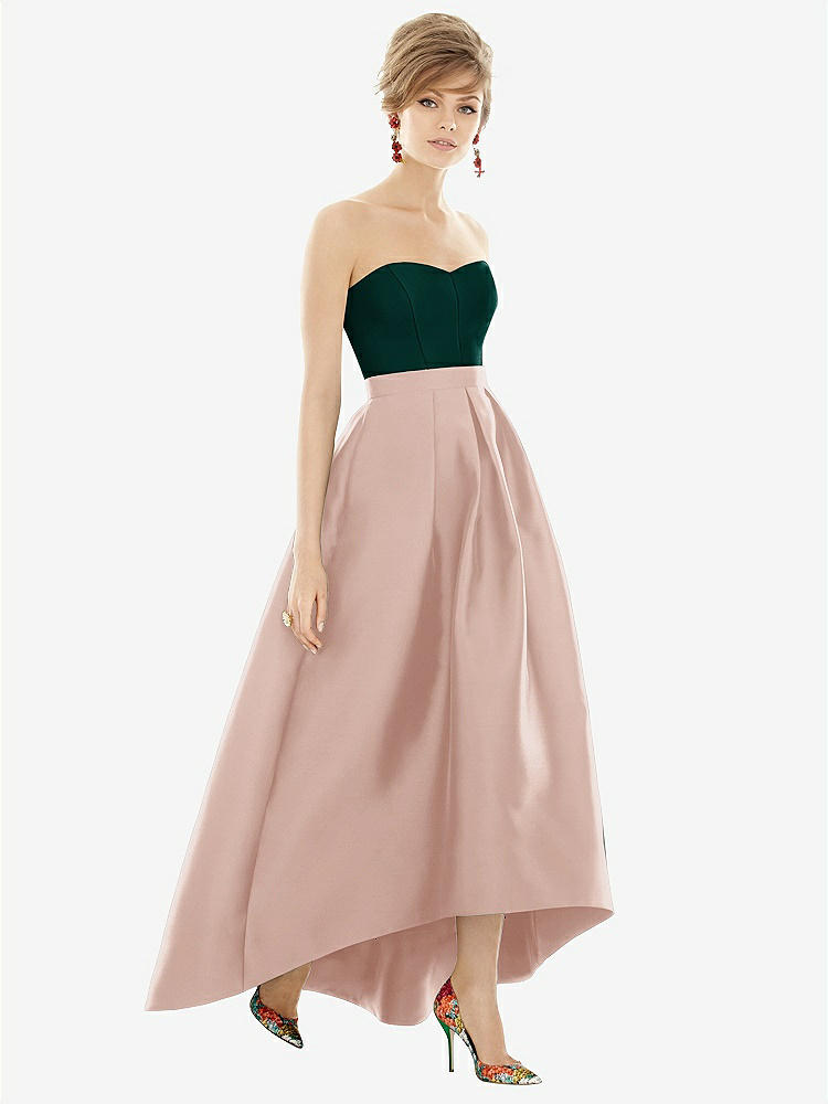 【STYLE: D699】Strapless Satin High Low Dress with Pockets【COLOR: Toasted Sugar &amp; Evergreen】