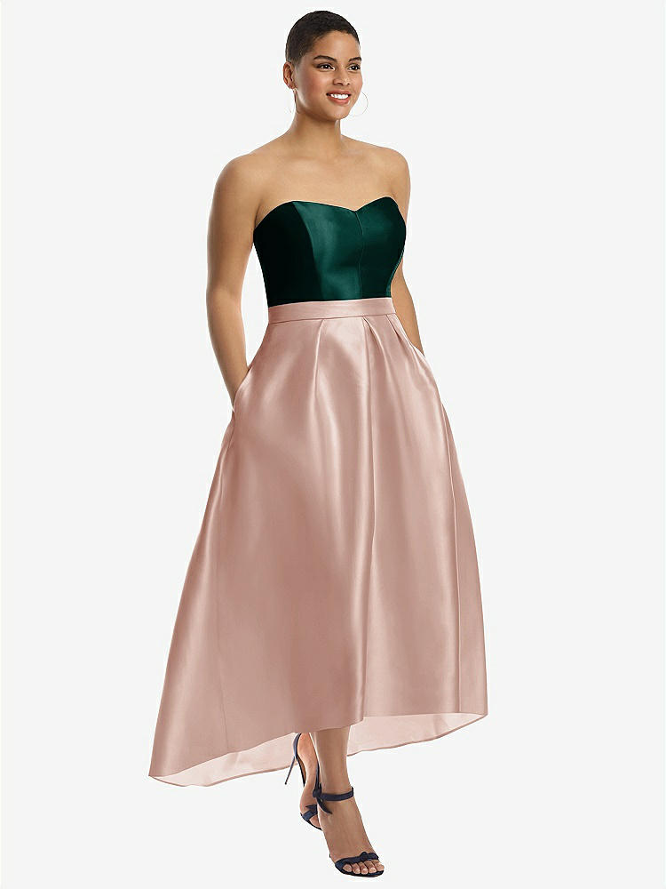 【STYLE: D699】Strapless Satin High Low Dress with Pockets【COLOR: Toasted Sugar &amp; Evergreen】