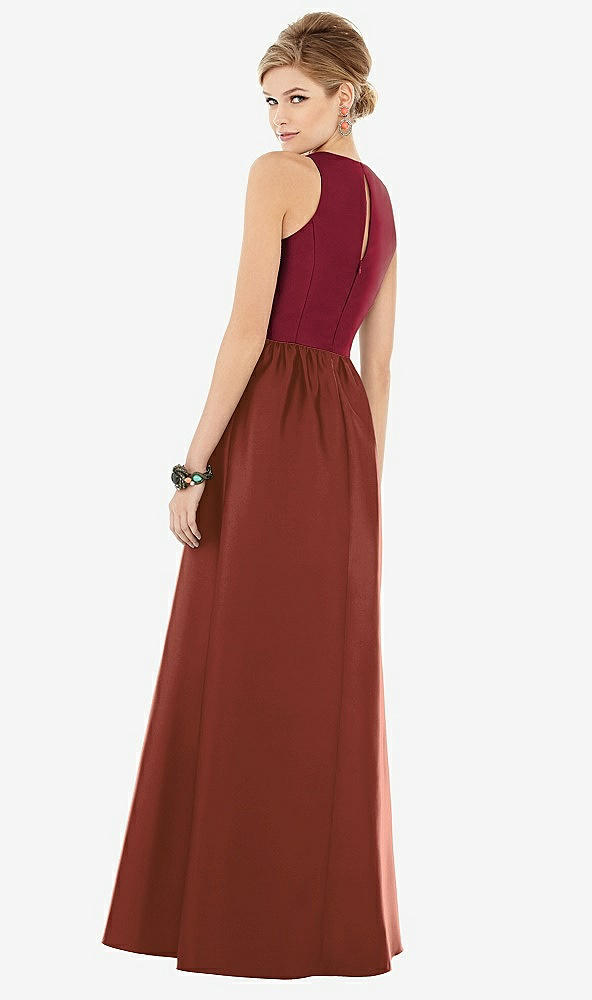 【STYLE: D707】Sleeveless Keyhole Back Satin Maxi Dress【COLOR: Auburn Moon &amp; Burgundy】