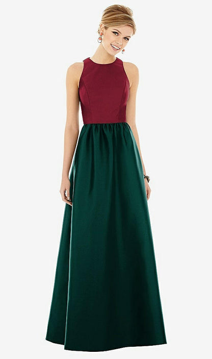 【STYLE: D707】Sleeveless Keyhole Back Satin Maxi Dress【COLOR: Evergreen &amp; Burgundy】