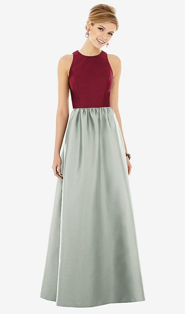 【STYLE: D707】Sleeveless Keyhole Back Satin Maxi Dress【COLOR: Willow Green &amp; Burgundy】