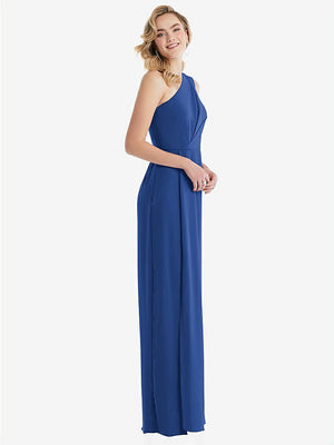 【STYLE: 8156】One-Shoulder Draped Bodice Column Gown【COLOR: Classic Blue】