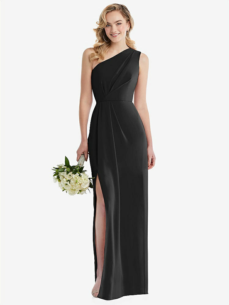 【STYLE: 8156】One-Shoulder Draped Bodice Column Gown【COLOR: Black】
