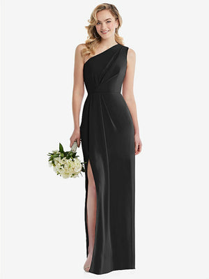 【STYLE: 8156】One-Shoulder Draped Bodice Column Gown【COLOR: Black】