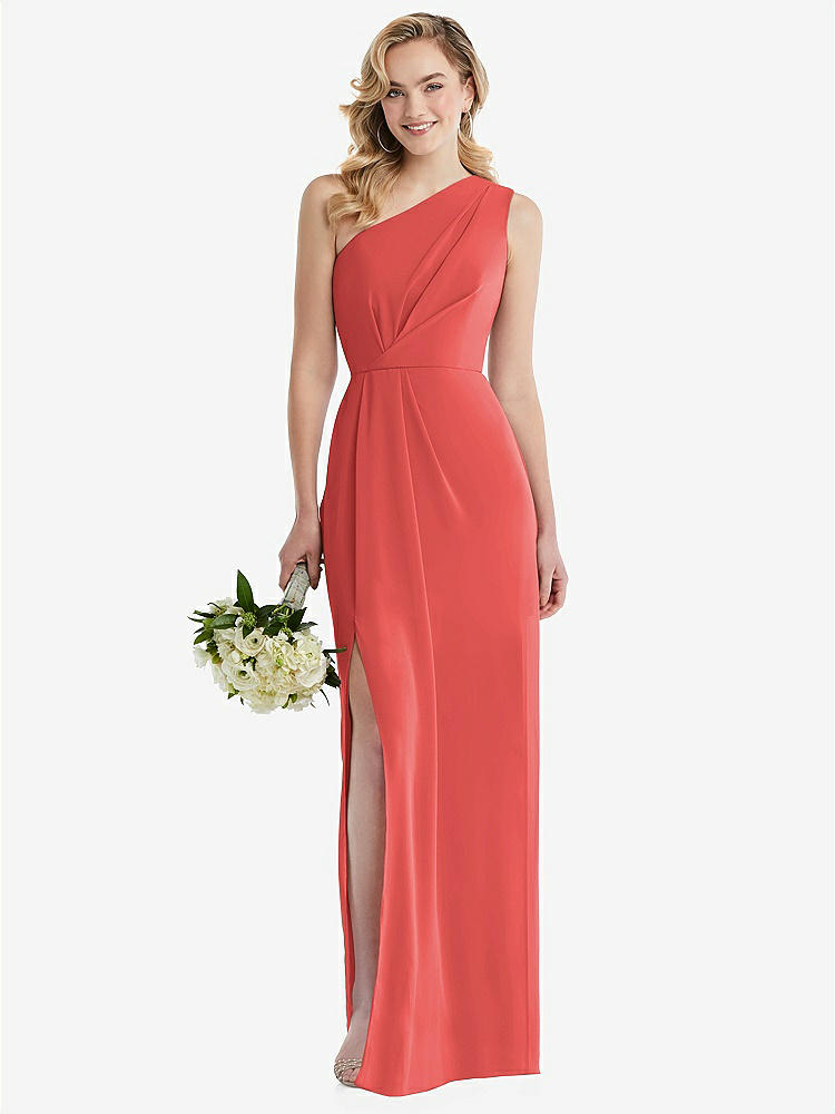 【STYLE: 8156】One-Shoulder Draped Bodice Column Gown【COLOR: Perfect Coral】