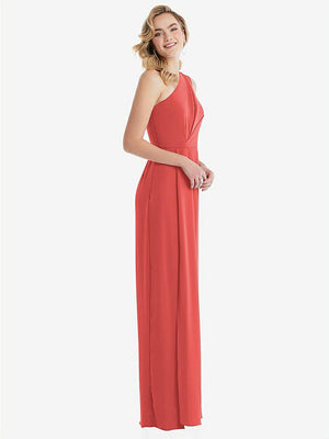 【STYLE: 8156】One-Shoulder Draped Bodice Column Gown【COLOR: Perfect Coral】