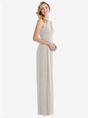 【STYLE: 8156】One-Shoulder Draped Bodice Column Gown【COLOR: Oyster】
