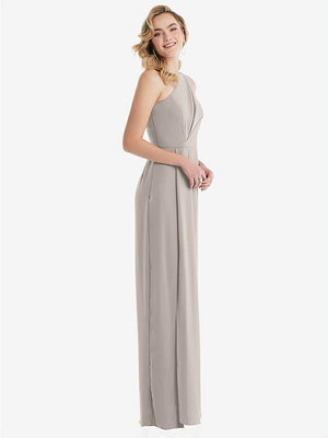 【STYLE: 8156】One-Shoulder Draped Bodice Column Gown【COLOR: Taupe】