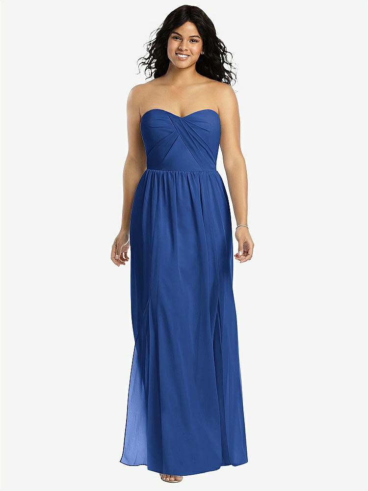 【STYLE: 8159】Strapless Draped Bodice Maxi Dress with Front Slits【COLOR: Classic Blue】