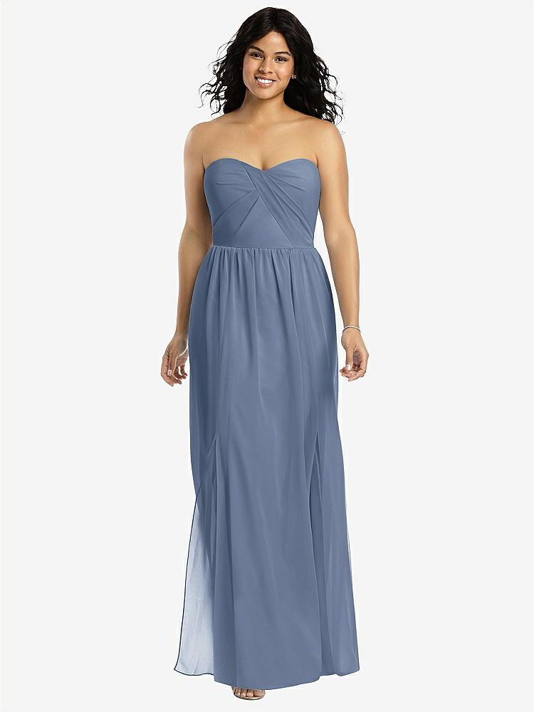 【STYLE: 8159】Strapless Draped Bodice Maxi Dress with Front Slits【COLOR: Larkspur Blue】