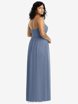【STYLE: 8159】Strapless Draped Bodice Maxi Dress with Front Slits【COLOR: Larkspur Blue】