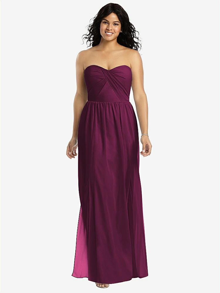 【STYLE: 8159】Strapless Draped Bodice Maxi Dress with Front Slits【COLOR: Ruby】